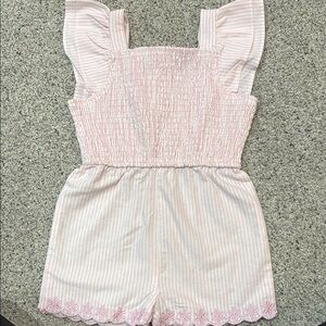 Draper James Pink Striped Smocked Romper with Floral Hem